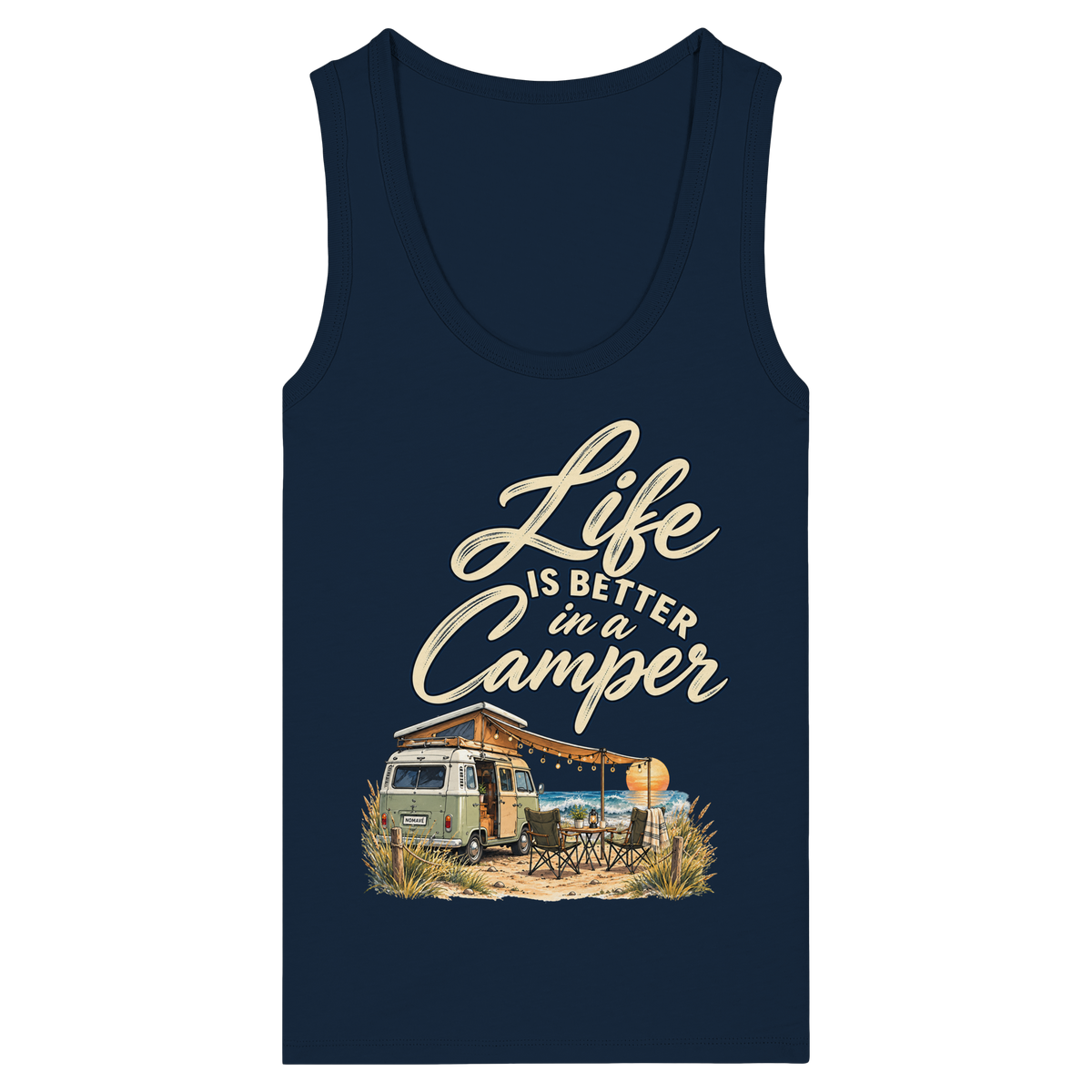 Damen Bio Tank Top in French Navy mit „Life is better in a Camper“-Motiv – Vorderansicht für Vanlife- und Campingfans