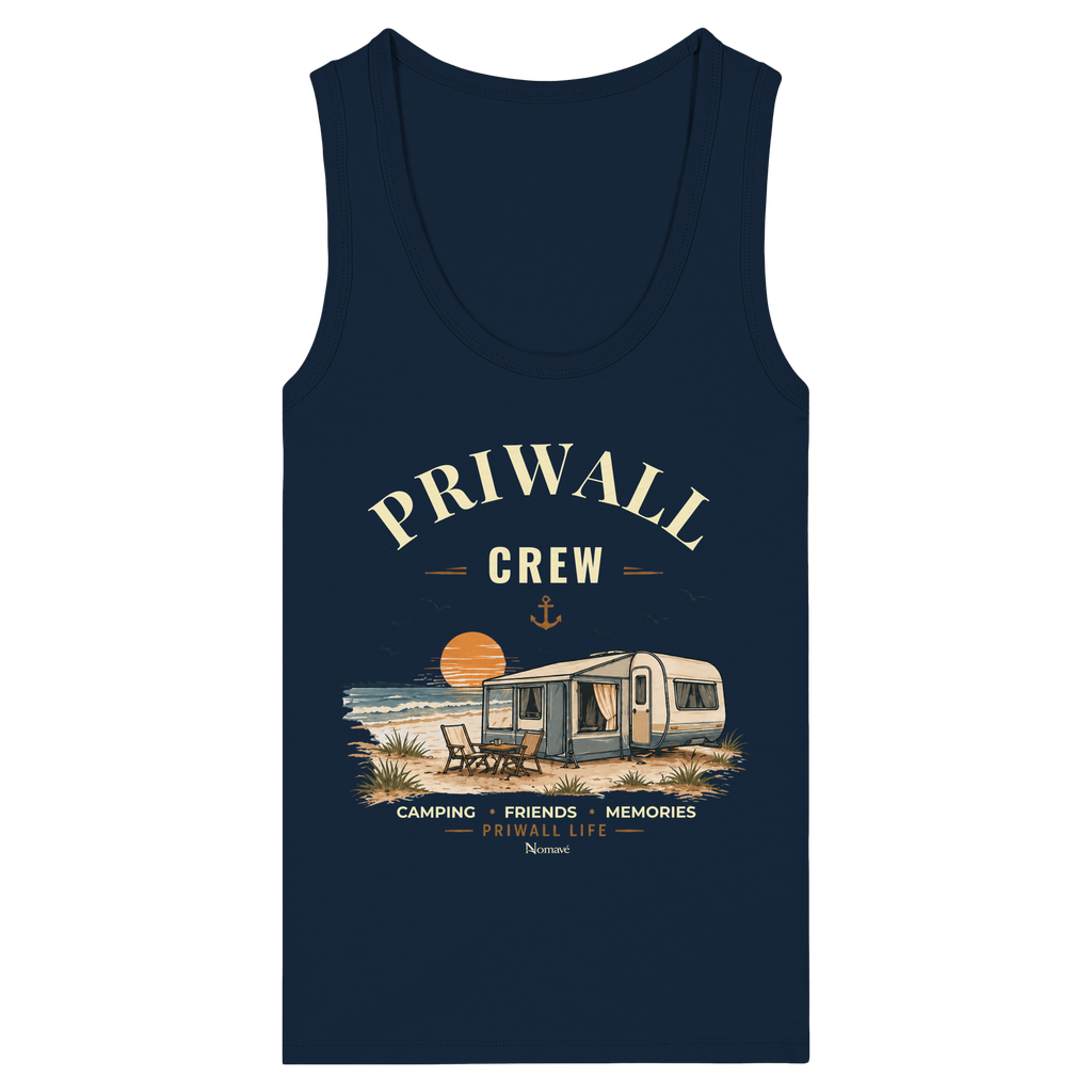 Damen Bio Fitted Tank Top in French Navy mit korrigiertem Priwall-Crew-Motiv der Dark Edition – Vorderansicht