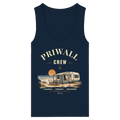 Damen Bio Fitted Tank Top in French Navy mit korrigiertem Priwall-Crew-Motiv der Dark Edition – Vorderansicht