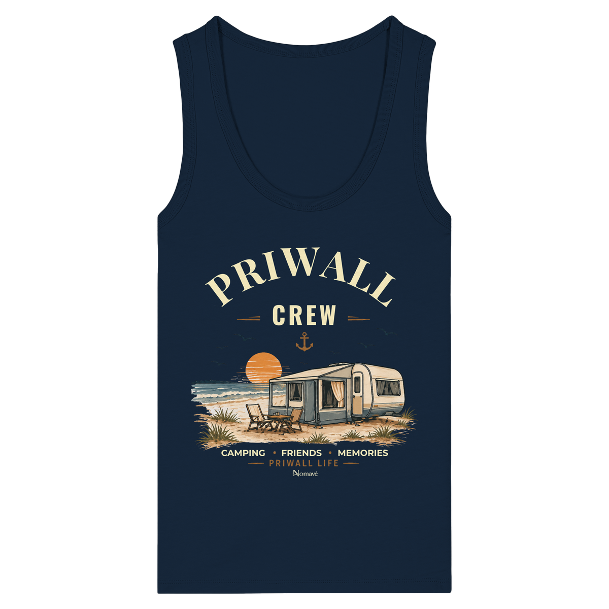 Damen Bio Fitted Tank Top in French Navy mit korrigiertem Priwall-Crew-Motiv der Dark Edition – Vorderansicht