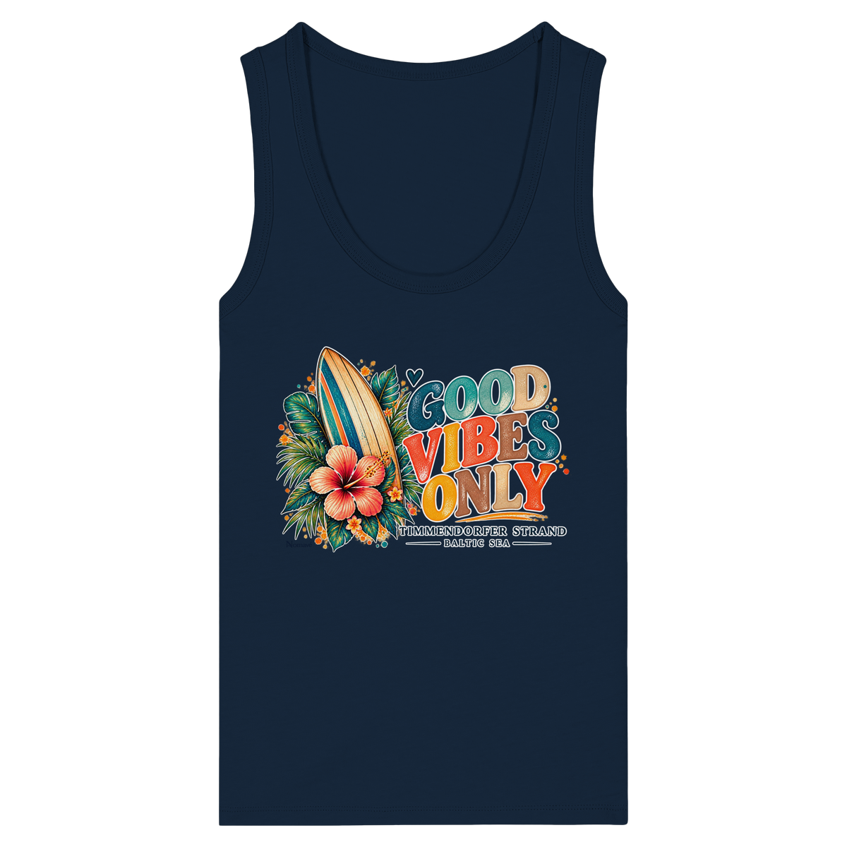 Timmendorfer Strand – Surf Vibes – Damen Bio-Fitted-Tanktop mit Frontprint in French Navy – Katalog-Vorderansicht mit Surfboard, Hibiskus und Good-Vibes-Only-Frontprint.