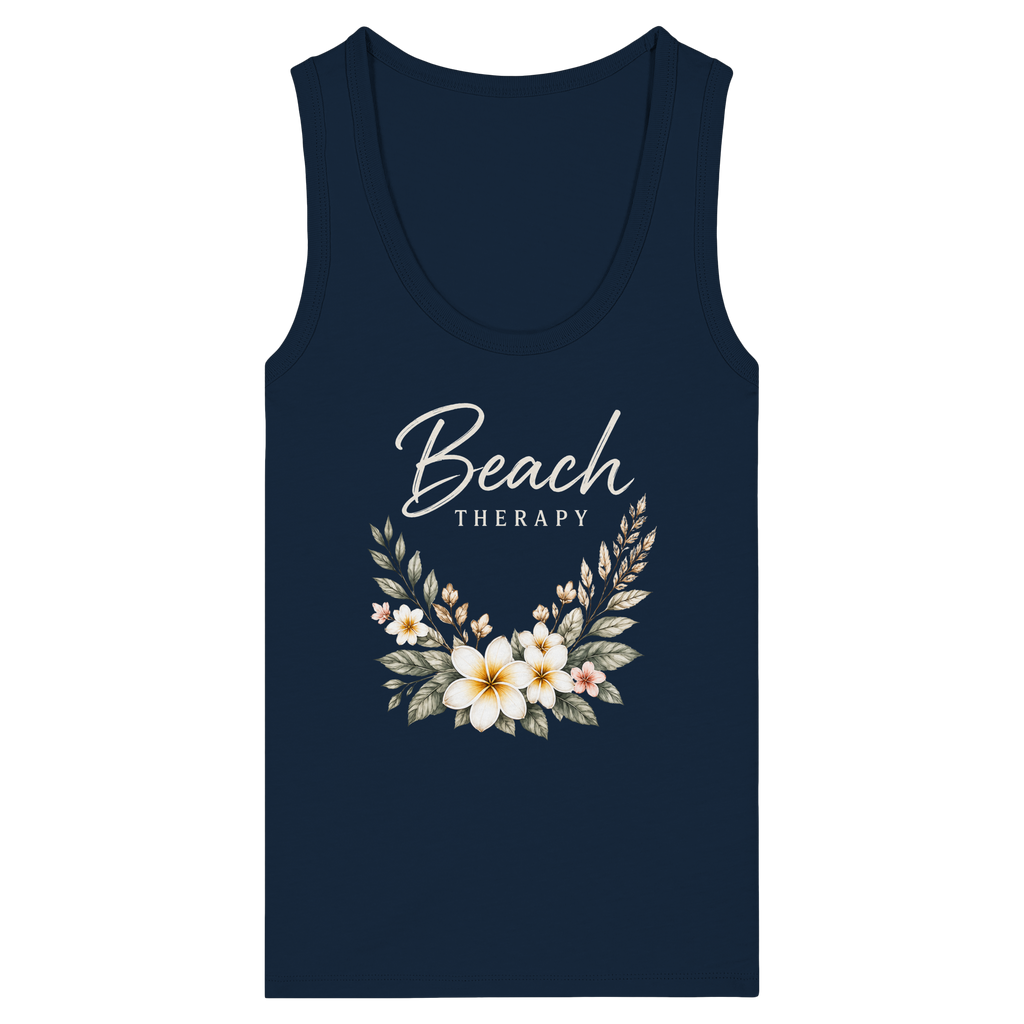 Damen Bio-Tanktop in French Navy mit floralem Beach-Therapy-Frontprint – Original-Mockup, Vorderansicht.