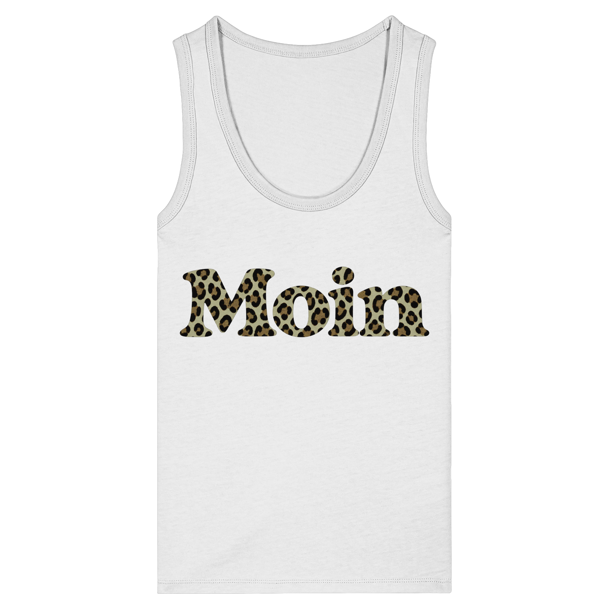 Damen Bio Fitted Tank Top in White mit Moin-Leoprint in Sage Green als Frontprint, Original-Mockup.