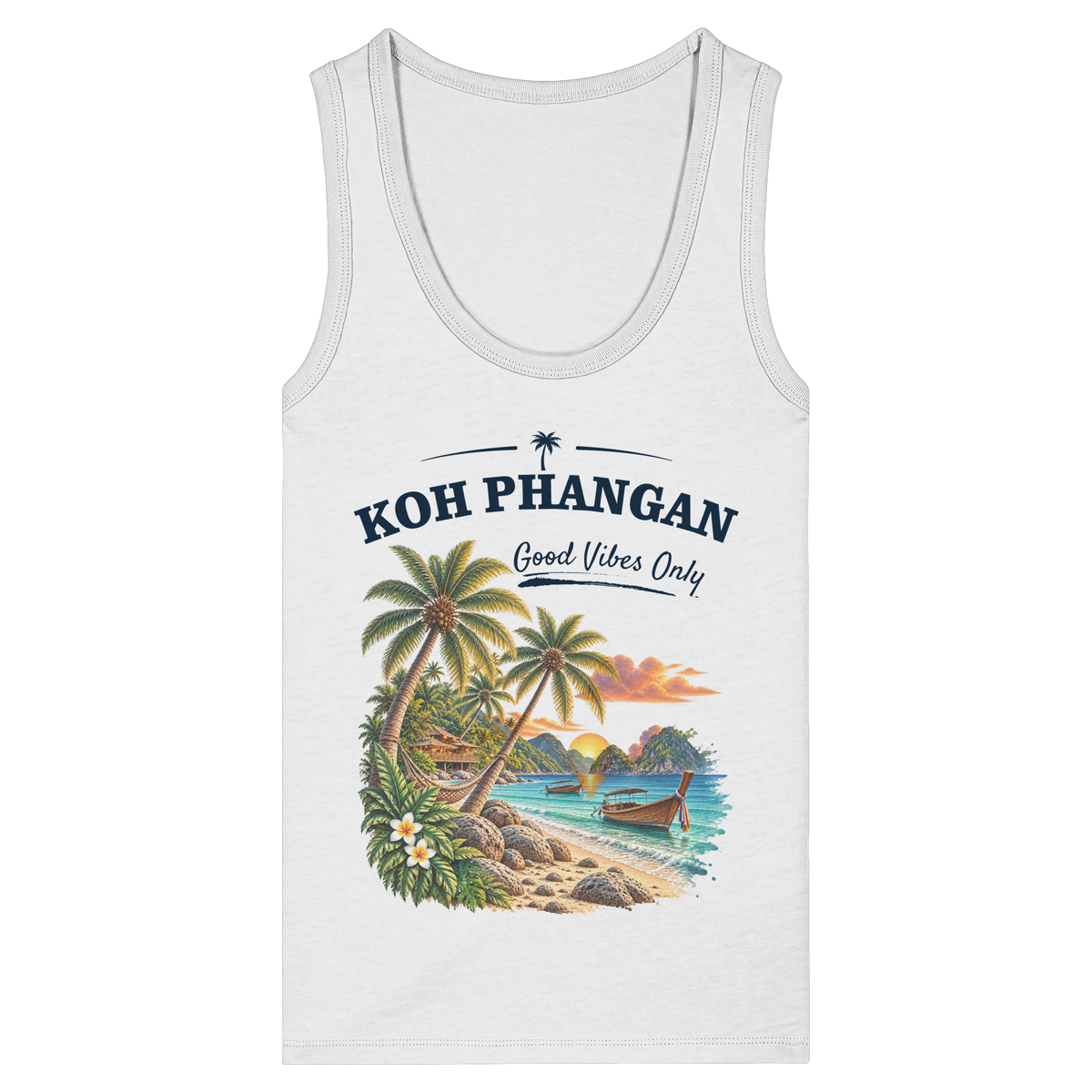Koh Phangan Good Vibes Only – Damen Bio Tank Top – Original-Mockup womens organic fitted tank top white mit Frontprint