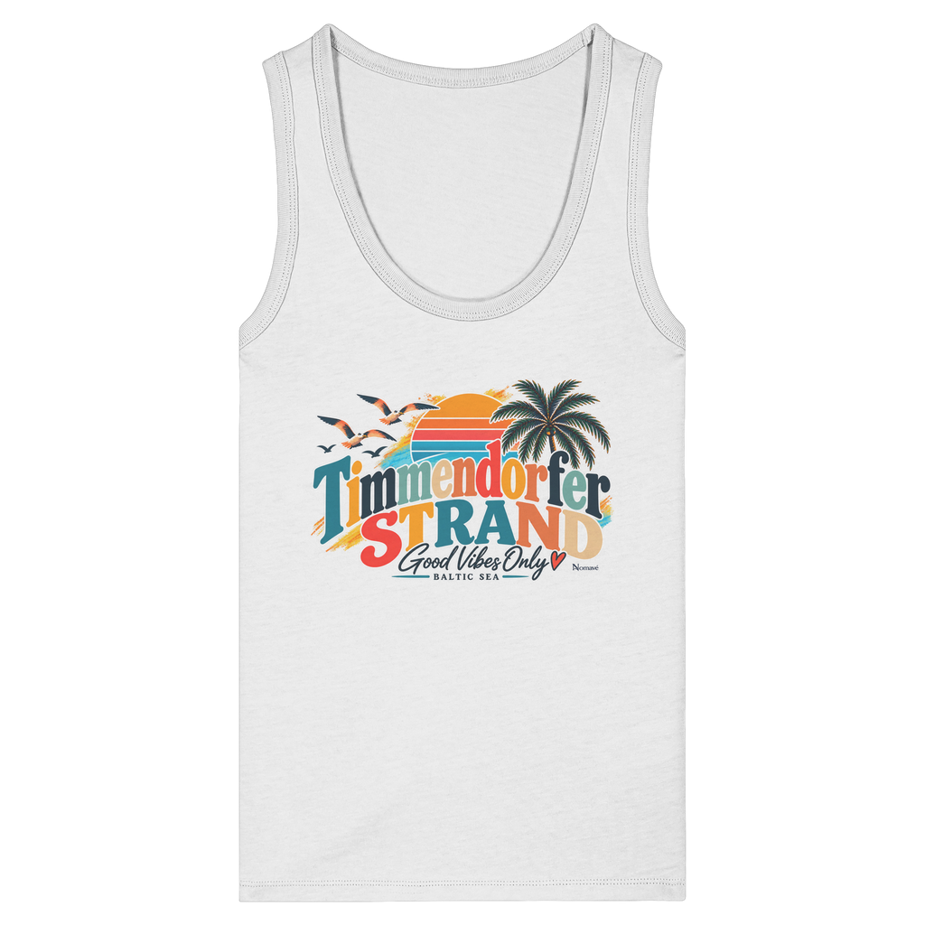 Damen-Fitted-Tanktop in White mit Timmendorfer-Strand-Good-Vibes-Only-Frontprint, originales Shirtigo-Mockup.