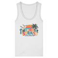 Damen-Fitted-Tanktop in White mit Timmendorfer-Strand-Good-Vibes-Only-Frontprint, originales Shirtigo-Mockup.