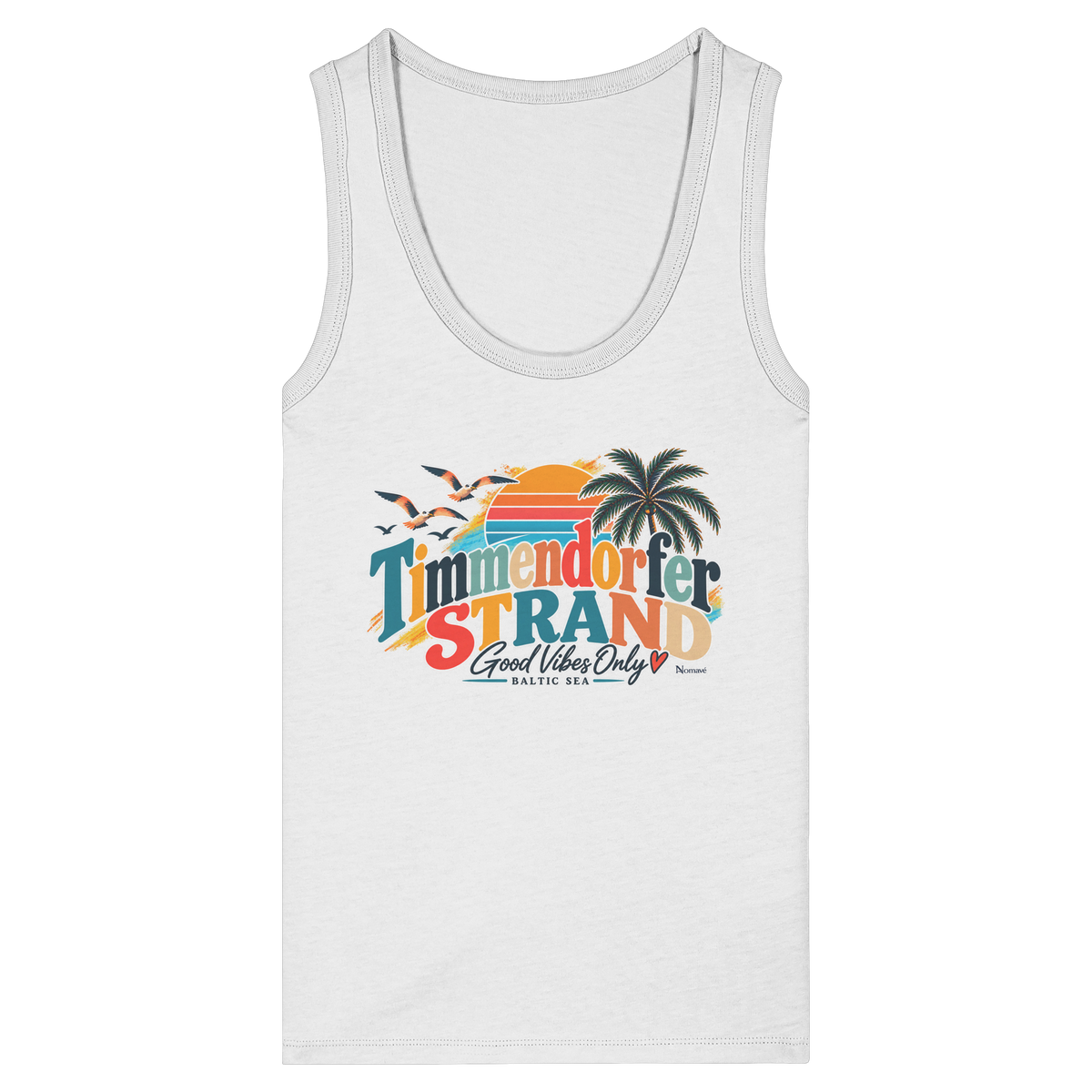 Damen-Fitted-Tanktop in White mit Timmendorfer-Strand-Good-Vibes-Only-Frontprint, originales Shirtigo-Mockup.