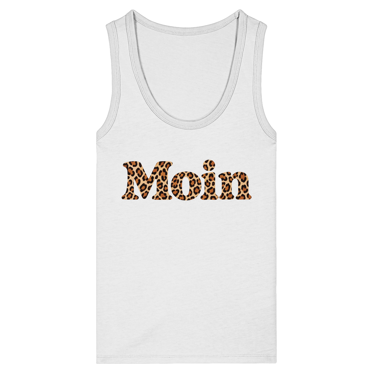 Original-Shirtigo-Mockup: Damen Bio Fitted Tank Top in White mit „Moin“ im Karamell-Leoprint vorn