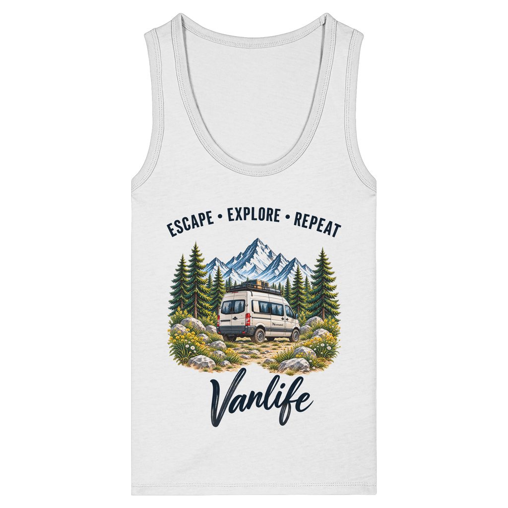 Damen Bio Fitted Tank Top in White mit Escape Explore Repeat Vanlife Motiv – Produktansicht mit Frontprint