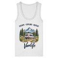 Damen Bio Fitted Tank Top in White mit Escape Explore Repeat Vanlife Motiv – Produktansicht mit Frontprint