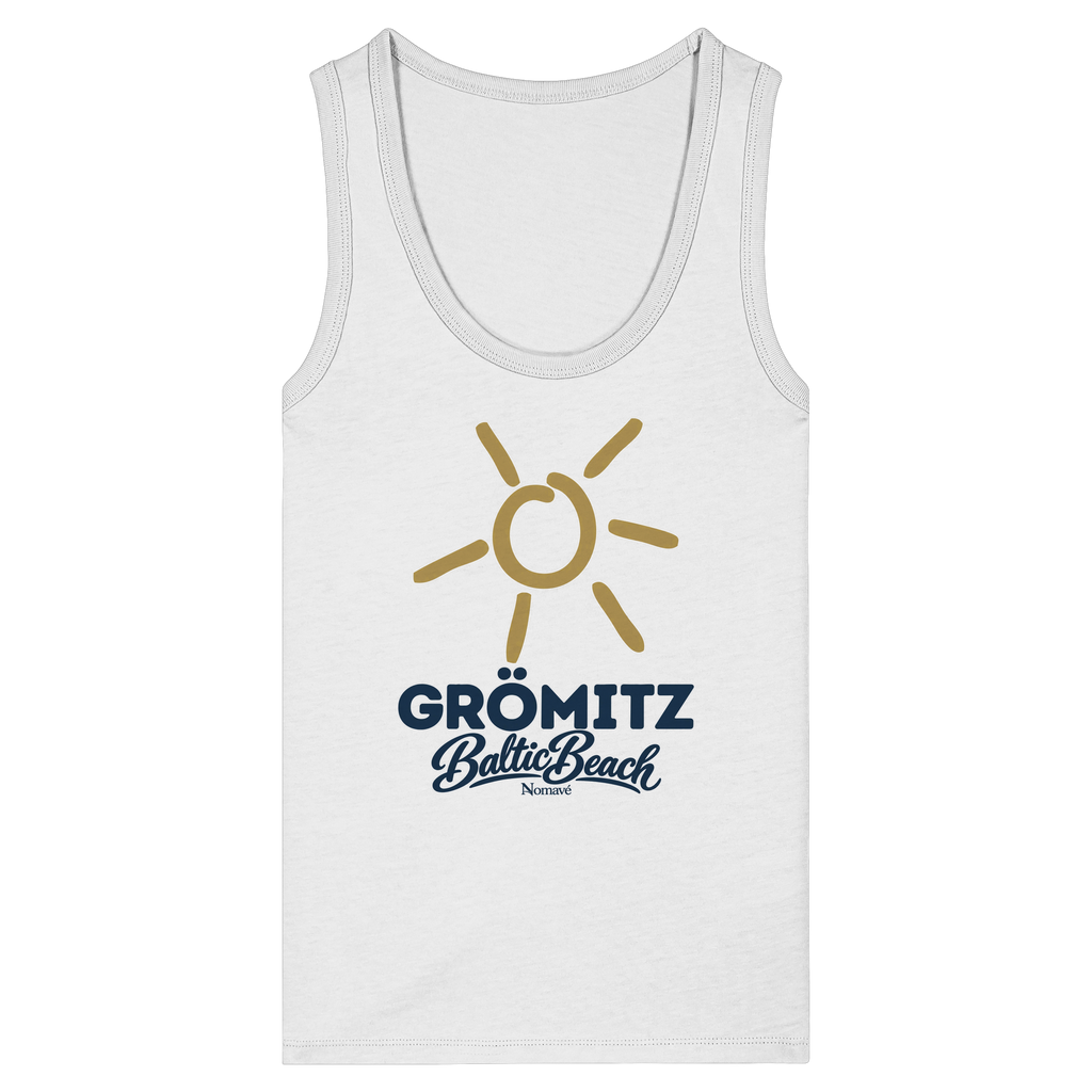 Damen Bio Tanktop Grömitz Sonne Baltic Beach in White – Frontdruck mit goldener Sonne, Shirtigo-Originalmockup 2