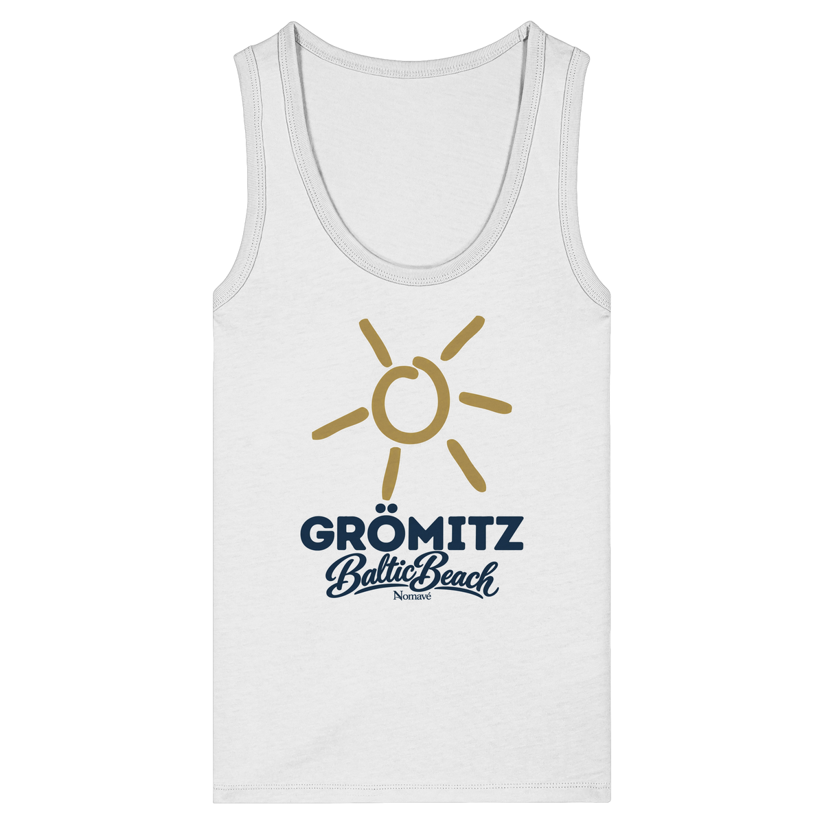 Damen Bio Tanktop Grömitz Sonne Baltic Beach in White – Frontdruck mit goldener Sonne, Shirtigo-Originalmockup 2
