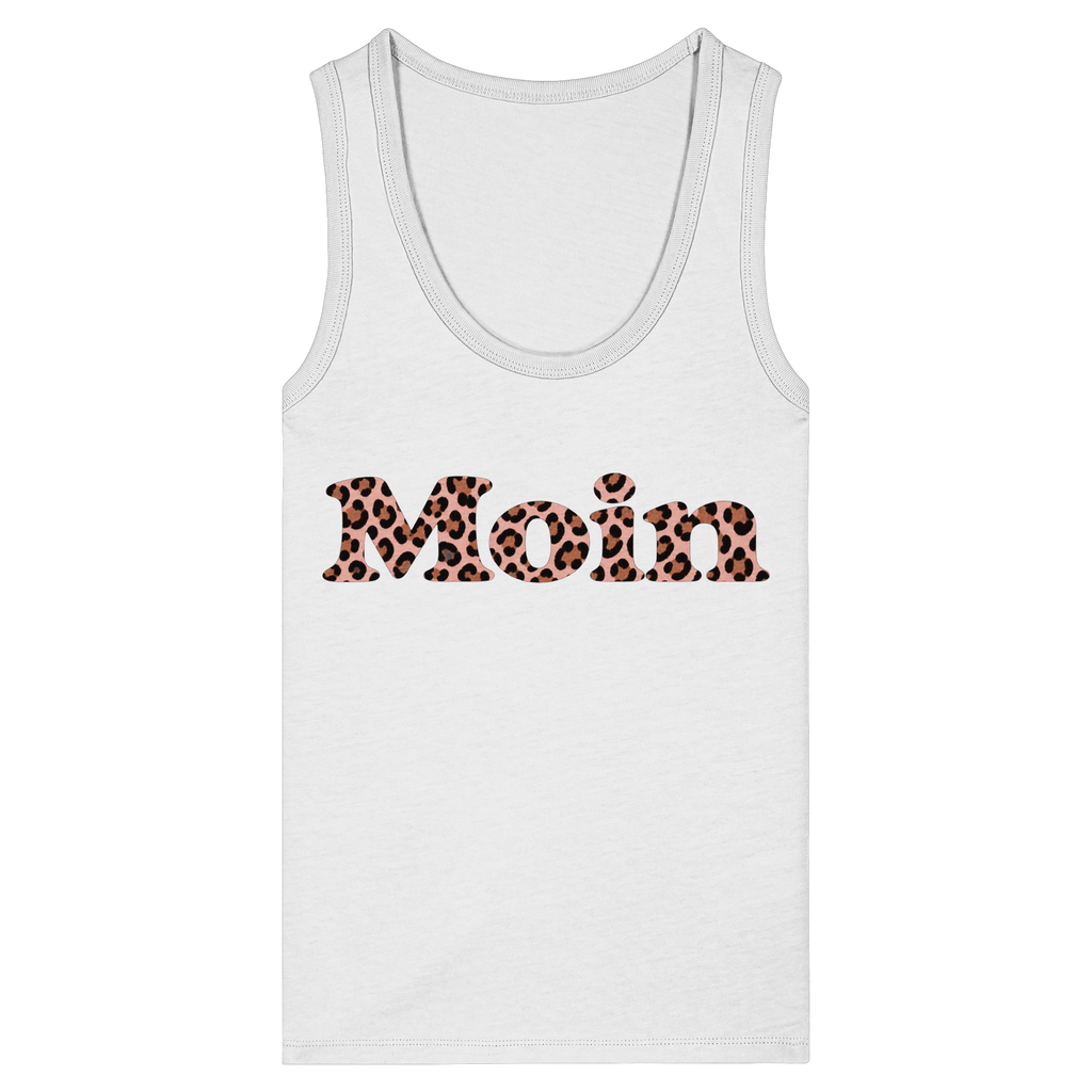 Damen-Bio-Fitted-Tanktop in White mit Moin-Leo-Blush-Pink-Frontprint.