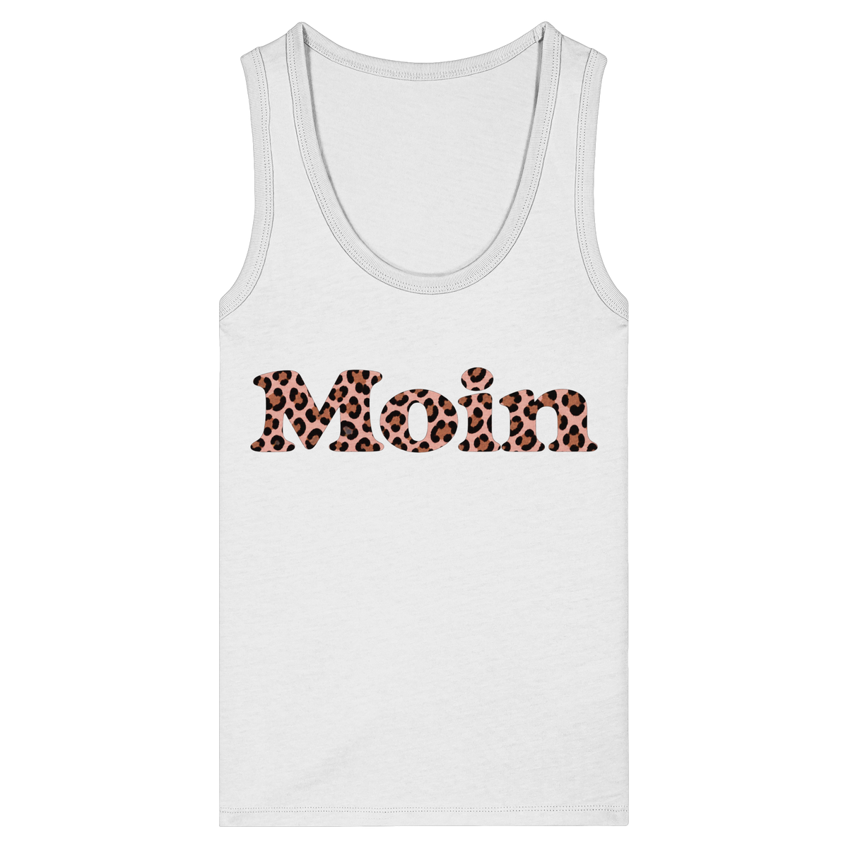 Damen-Bio-Fitted-Tanktop in White mit Moin-Leo-Blush-Pink-Frontprint.