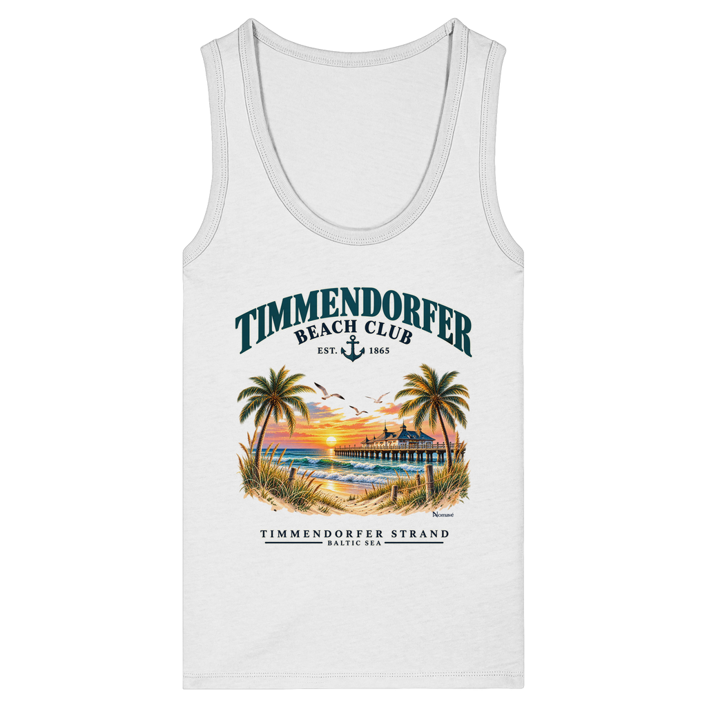 Originalmockup: Damen Bio-Tanktop Fitted in White mit Timmendorfer-Beach-Club-Frontprint, Motivansicht.