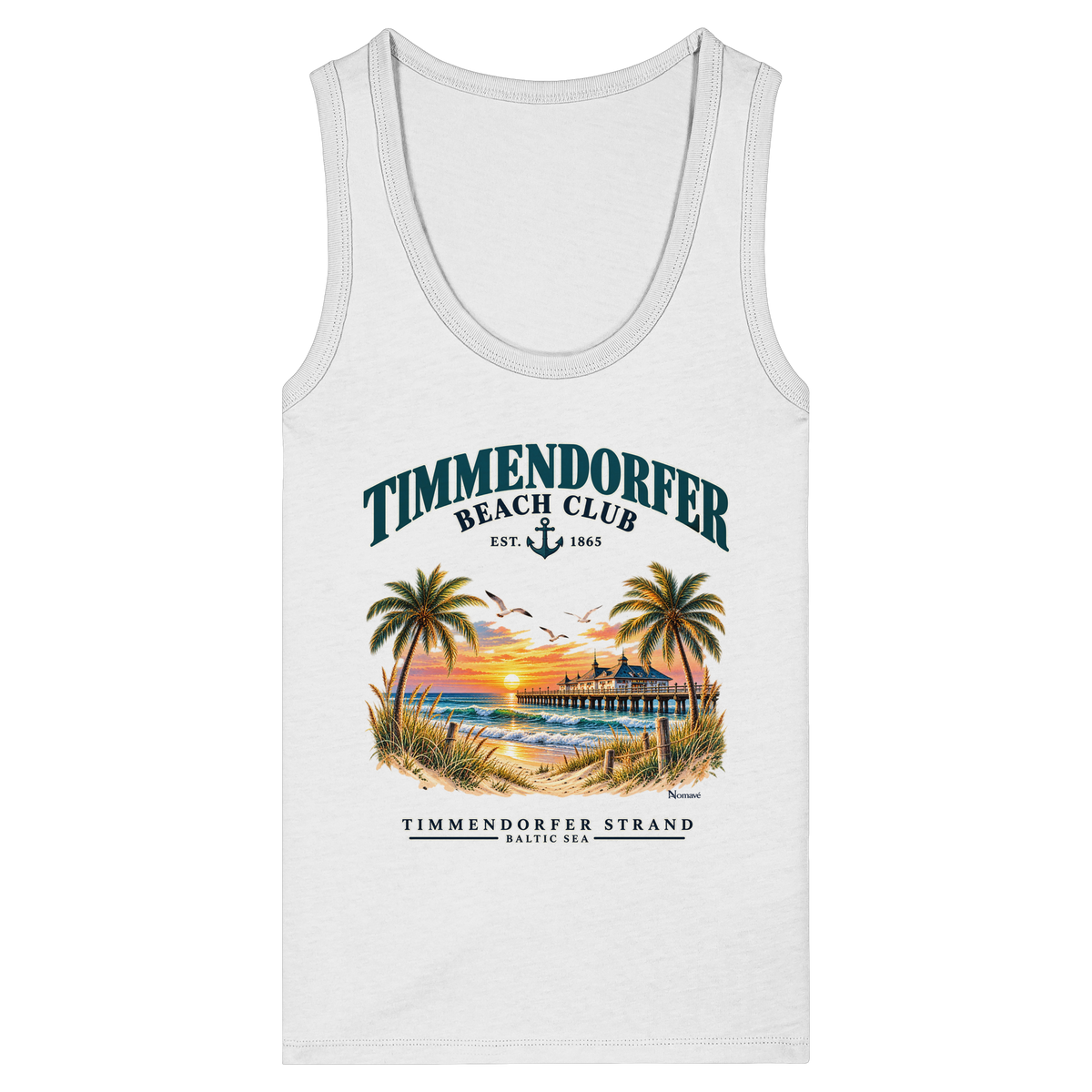 Originalmockup: Damen Bio-Tanktop Fitted in White mit Timmendorfer-Beach-Club-Frontprint, Motivansicht.