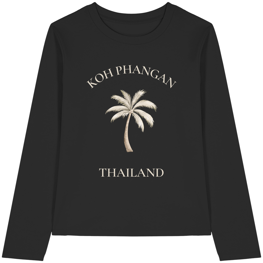 Original-Shirtigo-Mockup: schwarzes Damen Bio Longsleeve mit cremefarbenem Koh Phangan Mini Palm Frontprint
