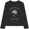 Original-Shirtigo-Mockup: schwarzes Damen Bio Longsleeve mit cremefarbenem Koh Phangan Mini Palm Frontprint