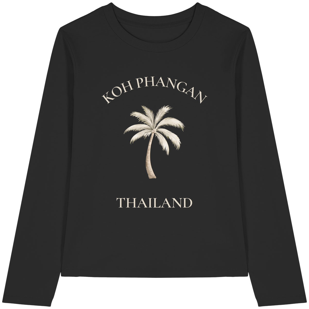 Original-Shirtigo-Mockup: schwarzes Damen Bio Longsleeve mit cremefarbenem Koh Phangan Mini Palm Frontprint