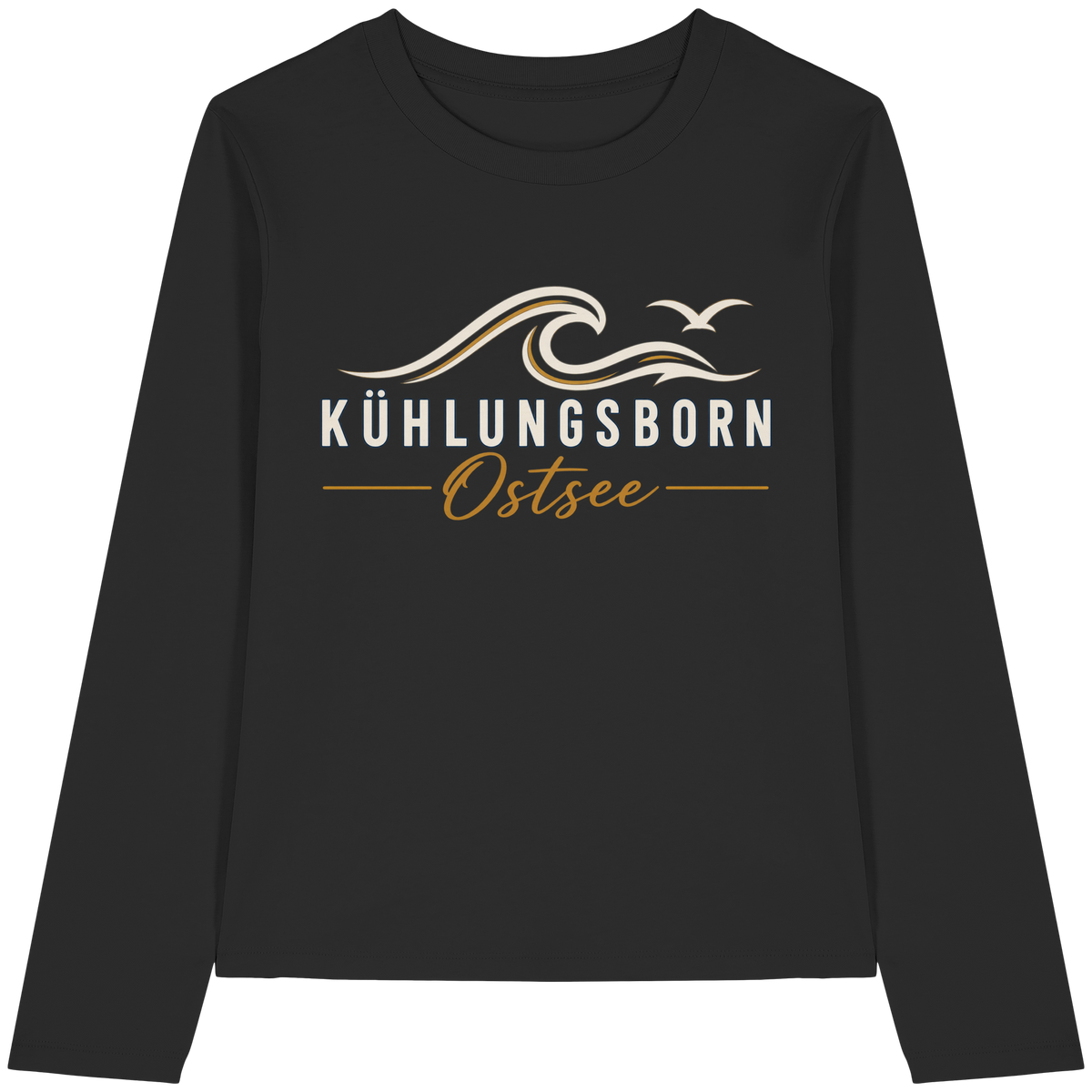 Shirtigo-Originalmockup: Damen Bio-Longsleeve Kühlungsborn Baltic Waves, Dark Edition, Black, Vorderansicht mit Motiv.