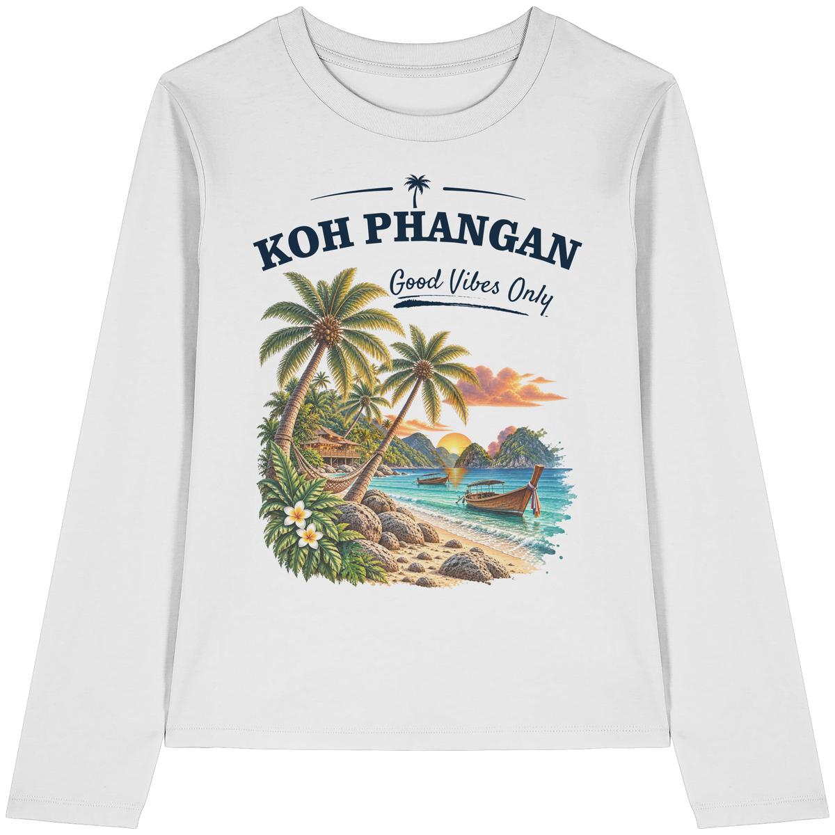 Koh Phangan Good Vibes Only – Damen Bio Longsleeve T-Shirt – Original-Mockup womens organic longsleeve t shirt white mit Frontprint