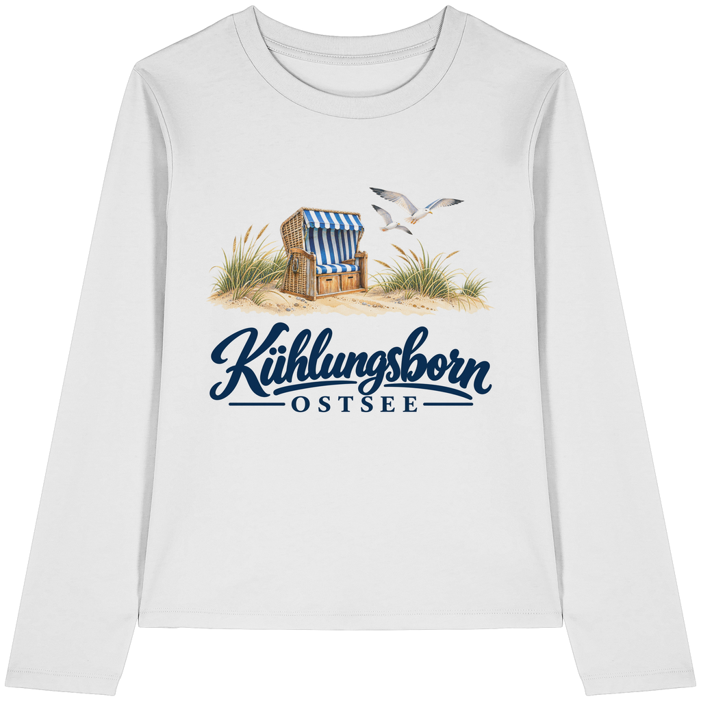 Damen Bio-Longsleeve Kühlungsborn – Strandkorb & Ostsee in White, Shirtigo-Originalmockup der Vorderseite mit Strandkorbmotiv.