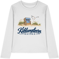 Damen Bio-Longsleeve Kühlungsborn – Strandkorb & Ostsee in White, Shirtigo-Originalmockup der Vorderseite mit Strandkorbmotiv.