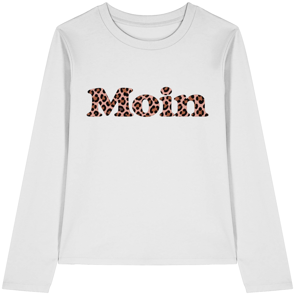 Weißes Damen-Bio-Longsleeve von vorne mit Moin-Leo-Blush-Pink-Frontprint.
