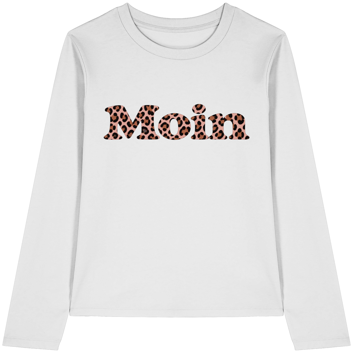 Weißes Damen-Bio-Longsleeve von vorne mit Moin-Leo-Blush-Pink-Frontprint.