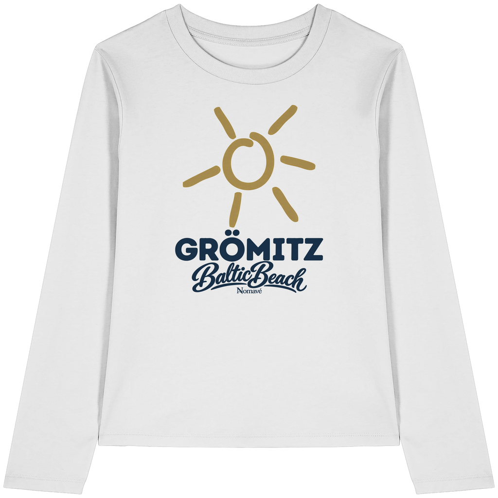 Damen Bio Longsleeve Grömitz Sonne Baltic Beach in White – Frontdruck mit goldener Sonne, Shirtigo-Originalmockup 1
