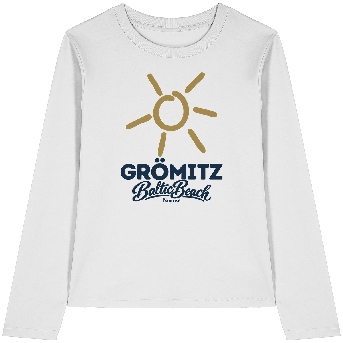 Damen Bio Longsleeve Grömitz Sonne Baltic Beach in White – Frontdruck mit goldener Sonne, Shirtigo-Originalmockup 1