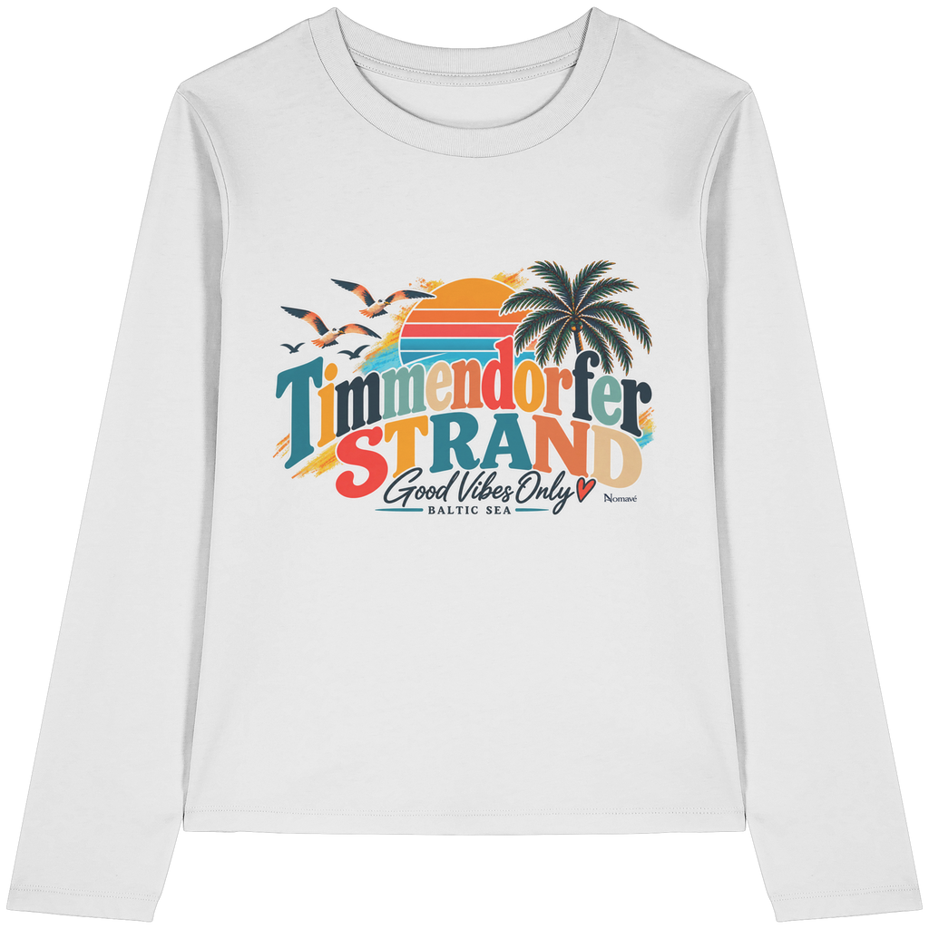 Damen-Langarmshirt in White mit Timmendorfer-Strand-Good-Vibes-Only-Frontprint, originales Shirtigo-Produktmockup.