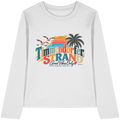 Damen-Langarmshirt in White mit Timmendorfer-Strand-Good-Vibes-Only-Frontprint, originales Shirtigo-Produktmockup.