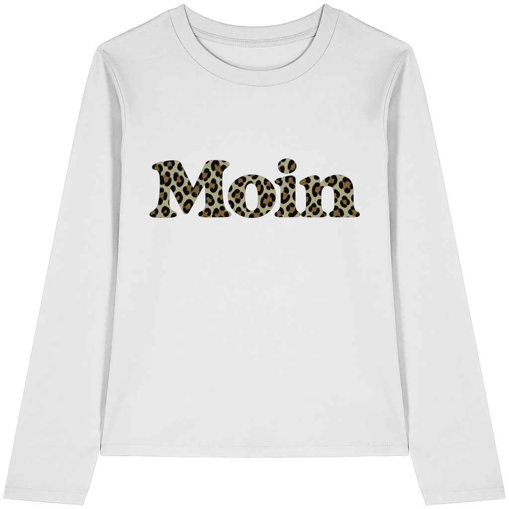 Weißes Damen Bio Longsleeve mit Moin-Schriftzug im Sage-Green-Leopardenmuster als Frontprint, Original-Mockup.