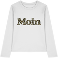 Weißes Damen Bio Longsleeve mit Moin-Schriftzug im Sage-Green-Leopardenmuster als Frontprint, Original-Mockup.