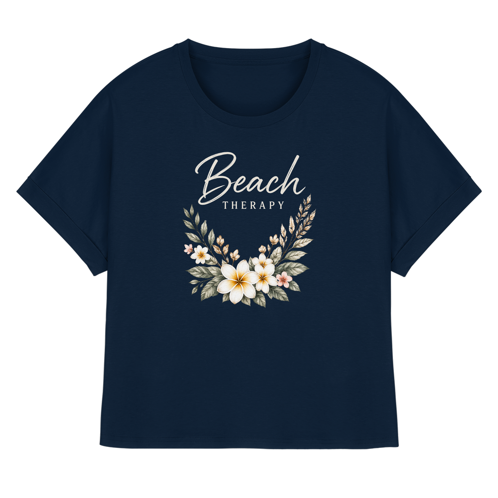 Damen Bio-Shirt mit gerollten Ärmeln Beach Therapy in French Navy mit floralem Frontprint – Original-Produktmockup.