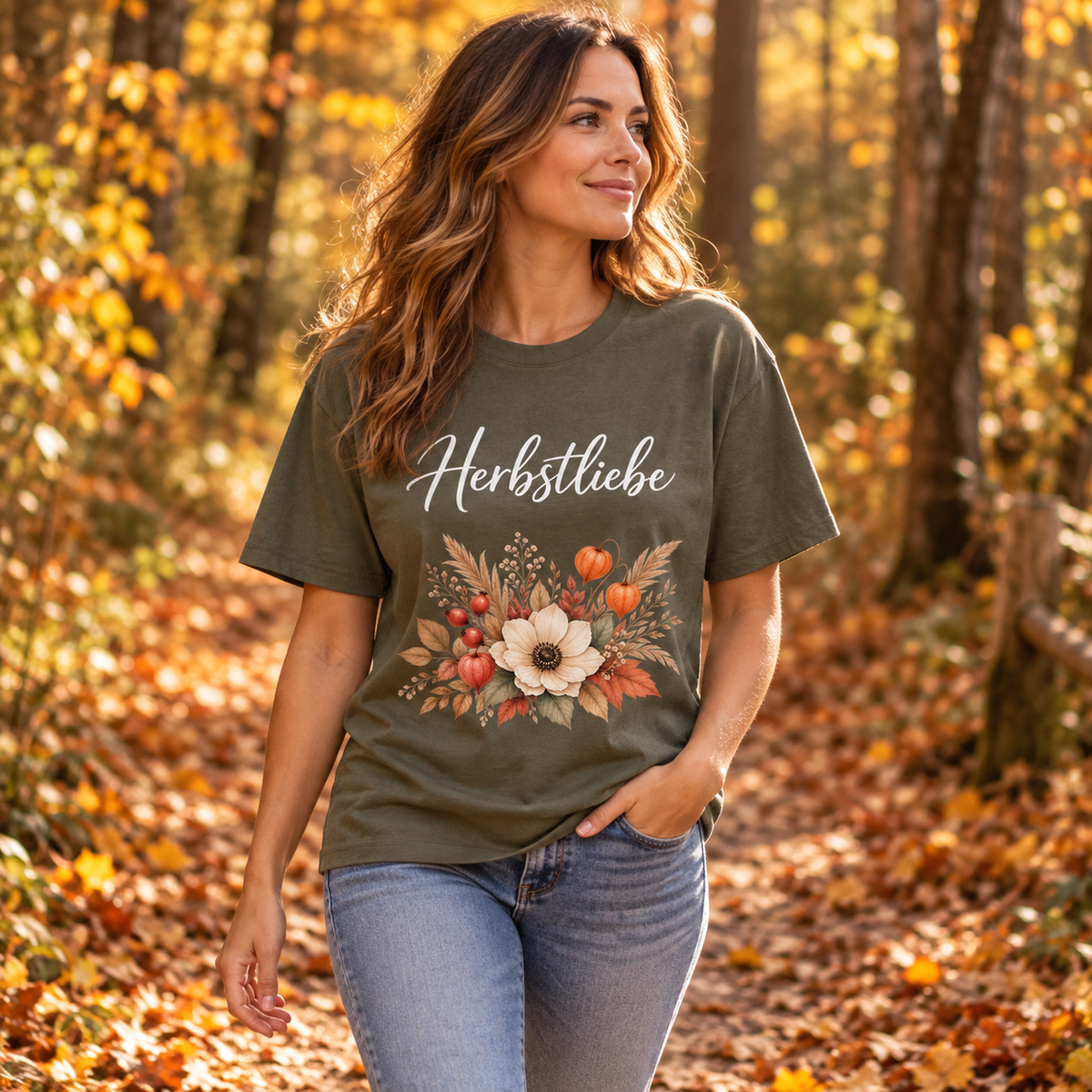 Frau im Golden Harvest Dark Bio-Heavy T-Shirt auf einem herbstlichen Waldweg