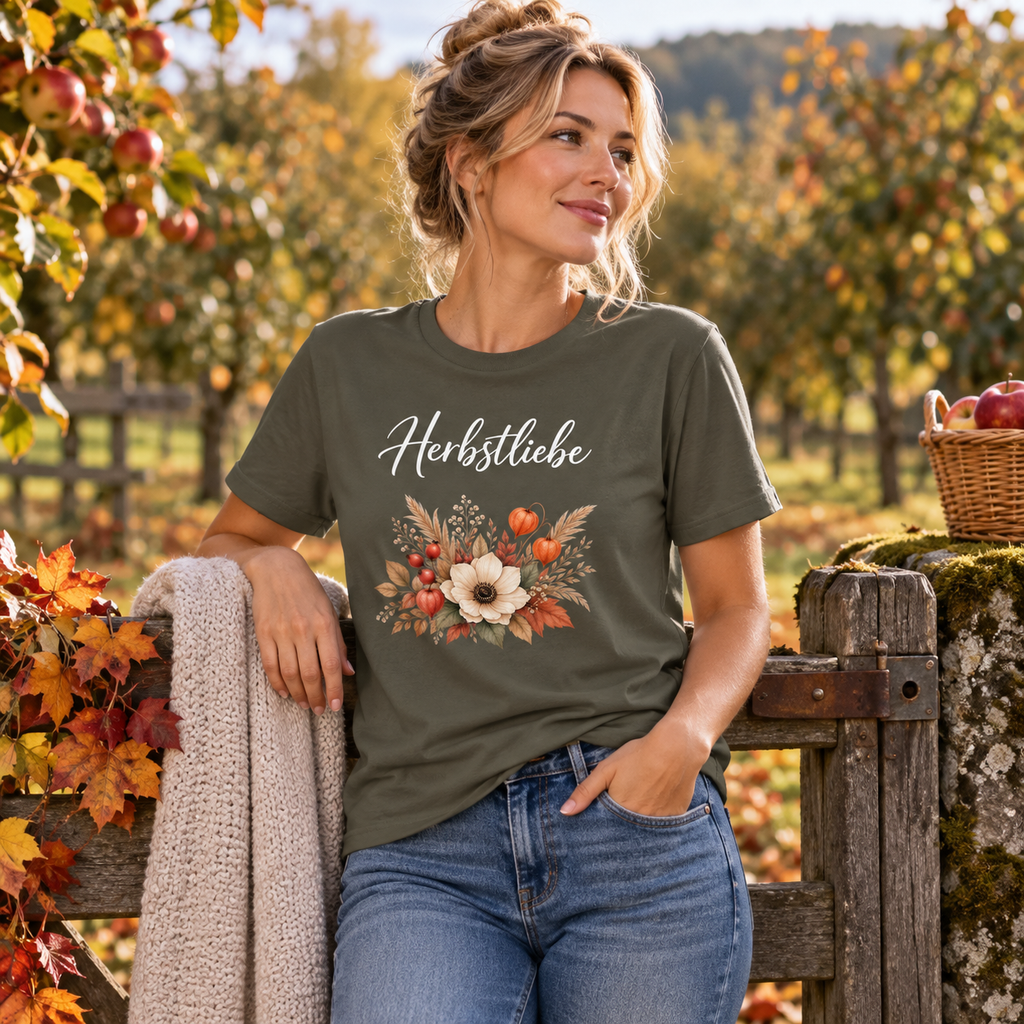 Frau im Golden Harvest Dark Bio T-Shirt an einem herbstlichen Obstgarten