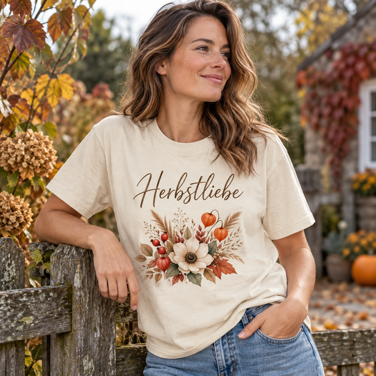 Frau im Golden Harvest Light Bio-Heavy T-Shirt an einem herbstlichen Gartenzaun