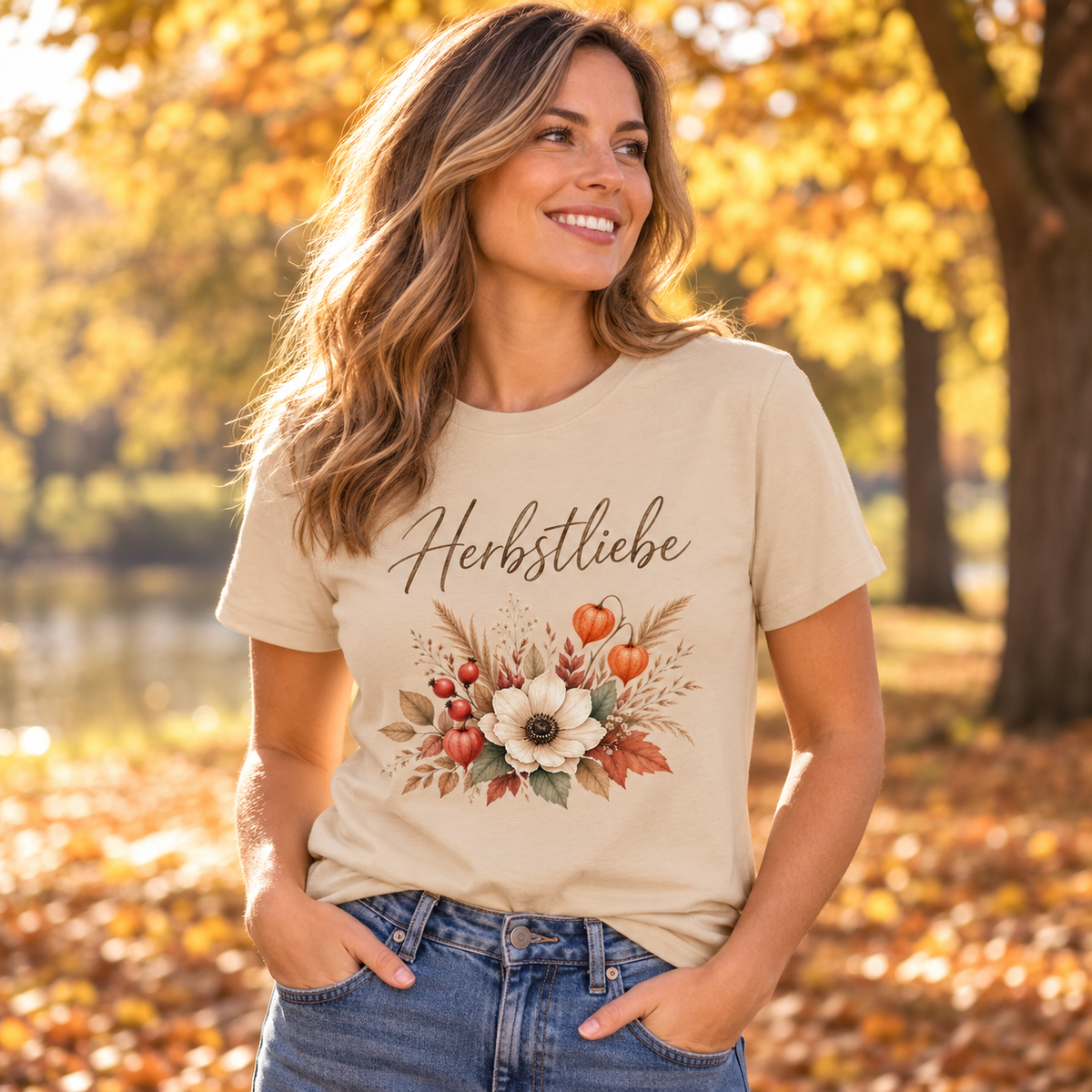 Frau im Golden Harvest Light Essential T-Shirt in einem herbstlichen Park