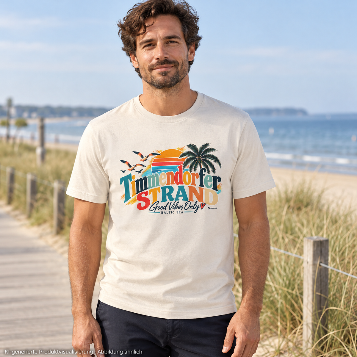 KI-generierte Produktvisualisierung: Mann im Natural-Raw Unisex-T-Shirt mit Timmendorfer-Strand-Good-Vibes-Only-Frontprint auf einer Strandpromenade.