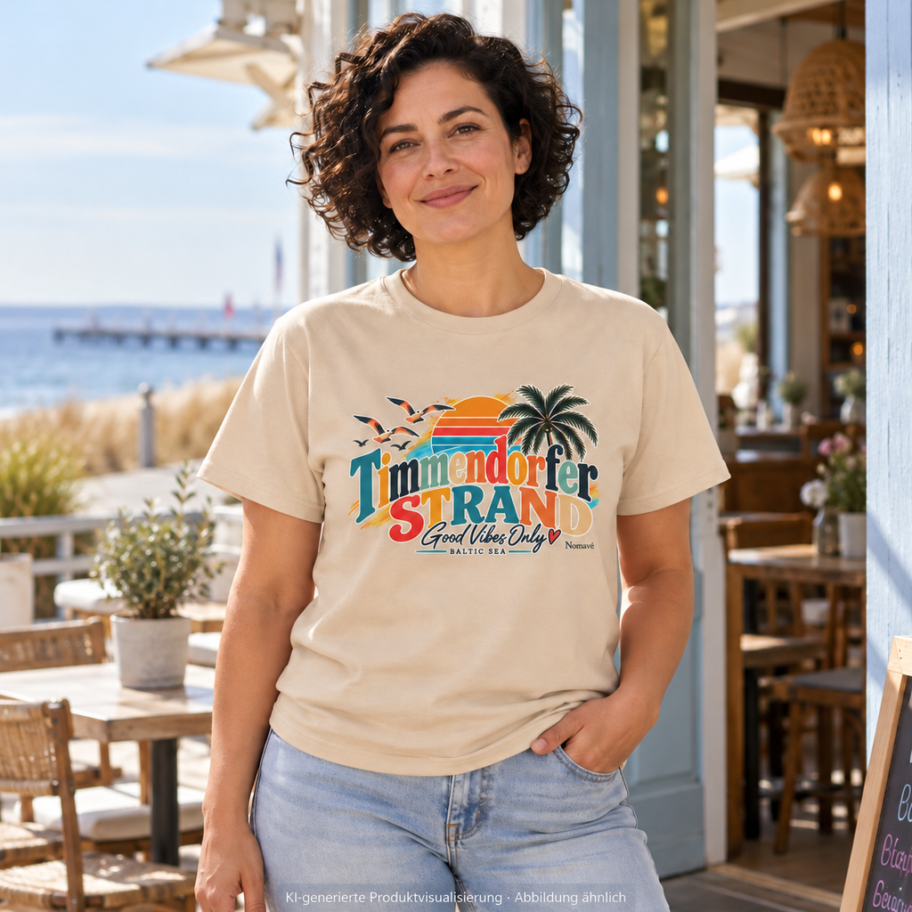 KI-generierte Produktvisualisierung: Frau im Natural Essential-T-Shirt mit Timmendorfer-Strand-Good-Vibes-Only-Frontprint vor einem Küstencafé.