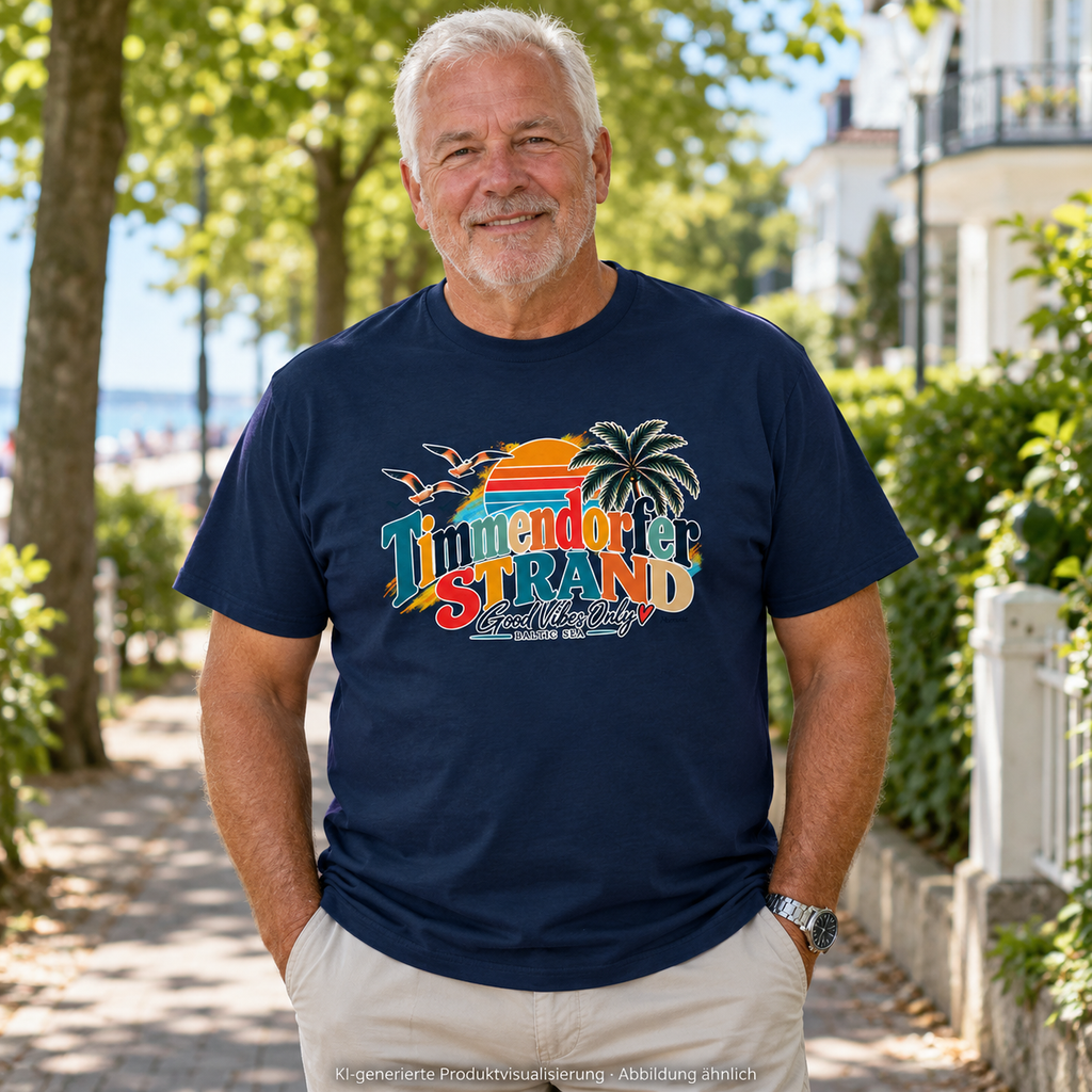 KI-generierte Produktvisualisierung: Mann im Navy Essential-T-Shirt mit Timmendorfer-Strand-Good-Vibes-Only-Frontprint auf einer Küsten-Stadtstraße.
