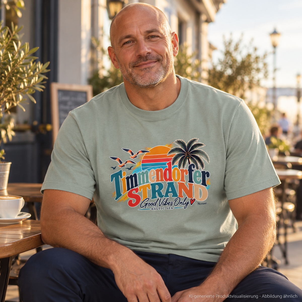 KI-generierte Produktvisualisierung: Mann im Aloe Heavy-T-Shirt mit Good-Vibes-Only-Frontmotiv auf einer Caféterrasse.
