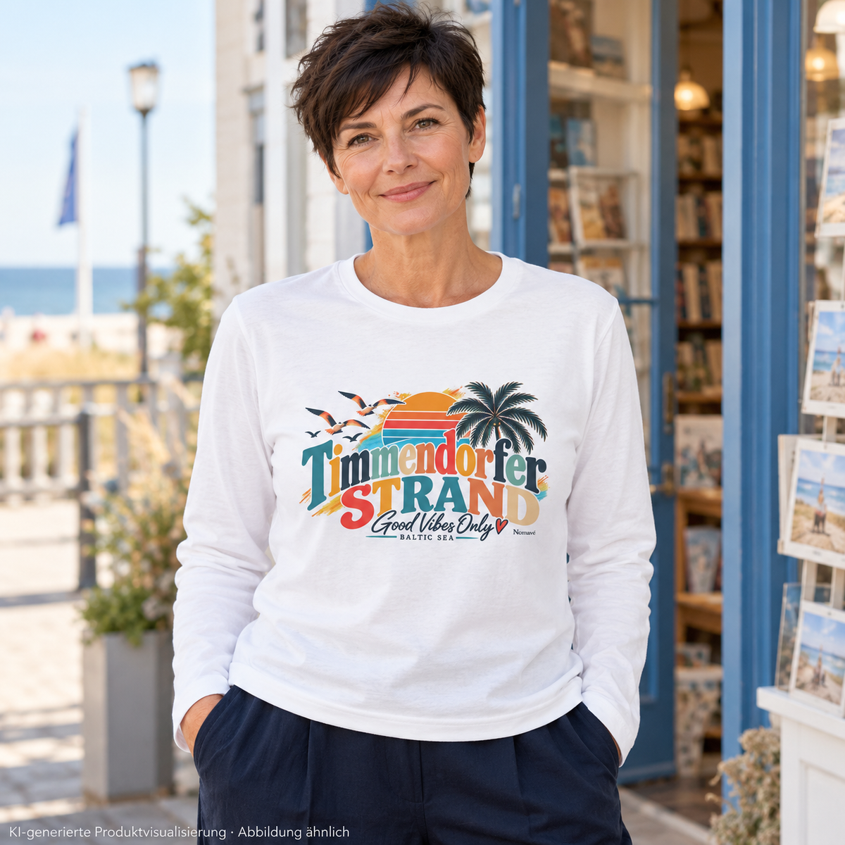KI-generierte Produktvisualisierung: Frau im weißen Unisex-Langarmshirt mit Good-Vibes-Only-Frontmotiv vor einer Buchhandlung am Meer.