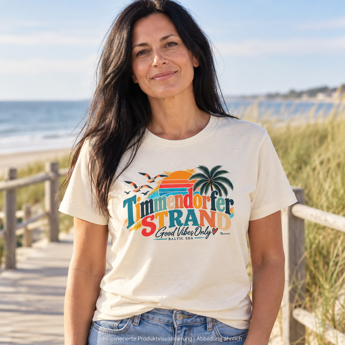KI-generierte Produktvisualisierung: Frau im Natural-Raw Damen-T-Shirt mit Timmendorfer-Strand-Good-Vibes-Only-Frontprint am Strandzugang.