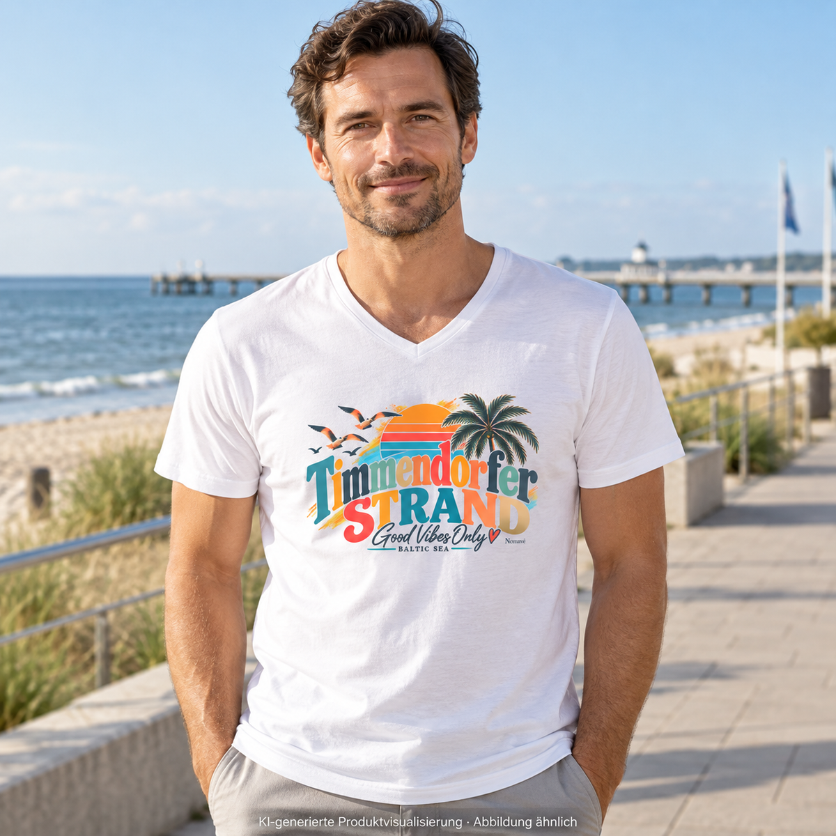 KI-generierte Produktvisualisierung: Mann im weißen Herren-V-Neck-Shirt mit Timmendorfer-Strand-Good-Vibes-Only-Frontprint an der Ostsee-Promenade.