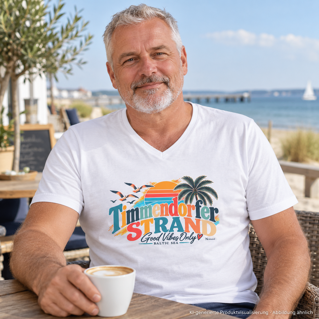 KI-generierte Produktvisualisierung: Mann im weißen Herren-V-Neck-Shirt mit Good-Vibes-Only-Frontprint im Küstencafé.
