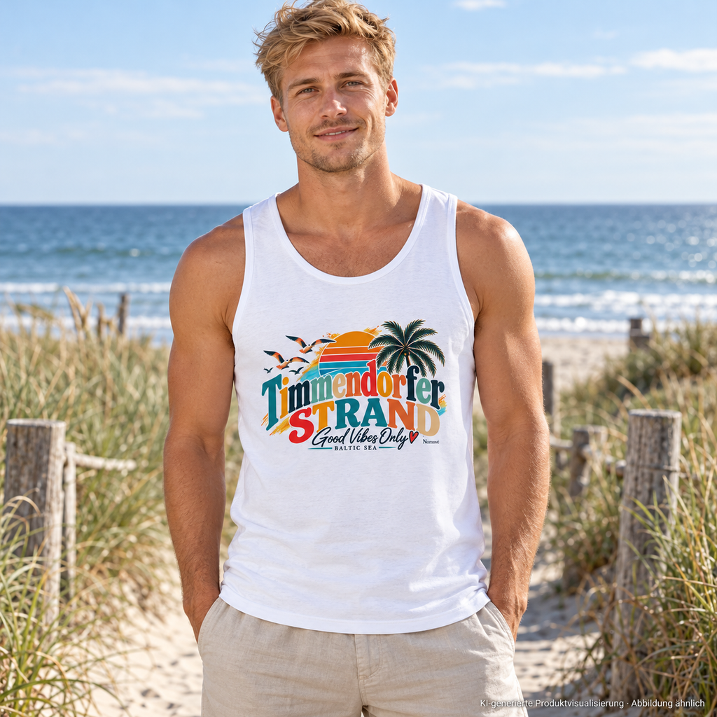 KI-generierte Produktvisualisierung: Mann im weißen Herren-Tanktop mit Timmendorfer-Strand-Good-Vibes-Only-Frontprint am Strandzugang.