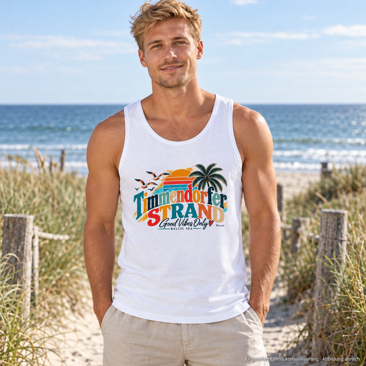 KI-generierte Produktvisualisierung: Mann im weißen Herren-Tanktop mit Timmendorfer-Strand-Good-Vibes-Only-Frontprint am Strandzugang.